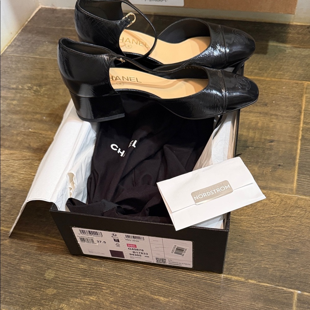 CHANEL Black Leather Mary Jane Low Block Heel Pumps